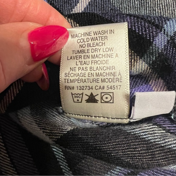 Anthropologie Cloth & Stone Plaid Fringe Hem Button Down Shirt Navy Purple Sz S - Picture 8 of 12